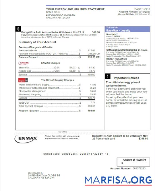 Printable CANADA ENMAX utility bill Word and PDF template